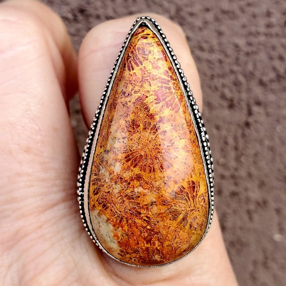 New Oversized Coral Fossil 925 Silver Statement Ring.